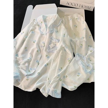 睡衣女2023年春秋新款長袖開衫家居服純棉花邊郁金香學生外出套裝