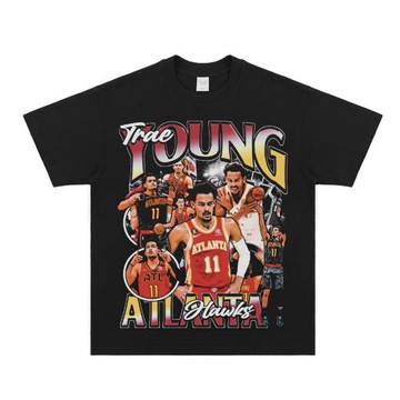 原創潮牌球星特雷楊印花美式T恤復古重磅短袖純棉運動大碼球衣男