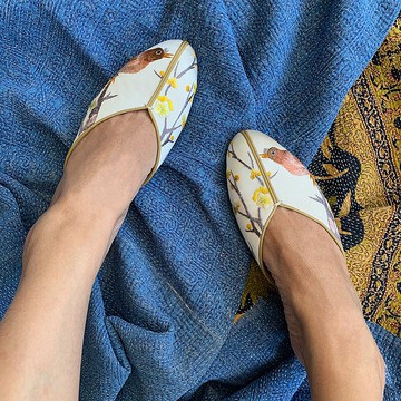 鳥和花手繡平底鞋無包跟/拖鞋 繡花 刺繡 蘇繡 絲綢 緞面 手工繡