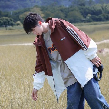 拼色連帽外套男春秋款潮流美式高街運動上衣春季新款男生帥氣夾克