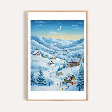 冬季小鎮風格 / 月色雪山村 節慶掛畫 海報 無框畫
