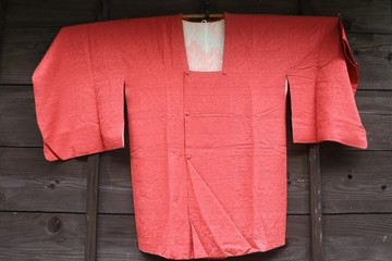 和服外套 道行コート 羽織 純絲綢 朱色 古董風格 日式服飾 獨一無二 日本製造