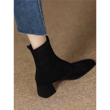 2025秋冬季新款高跟方頭瘦瘦靴粗跟絨面彈力靴中跟短靴顯瘦女靴子
