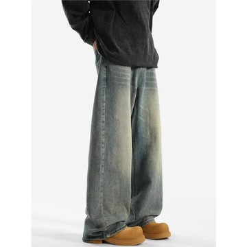 City Hipster 美式復古牛仔褲男秋冬季潮牌加絨褲子寬松直筒長褲