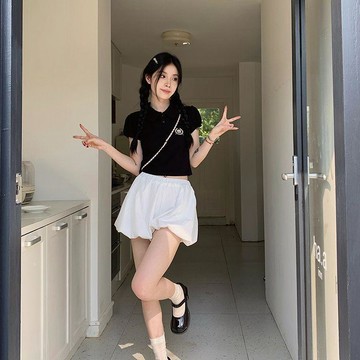 現款免運 花苞短褲 熱褲 短褲女 泡泡短褲 韓系花苞蓬蓬百搭短褲女夏季新款小個子黑色高腰闊腿休閒褲子Y