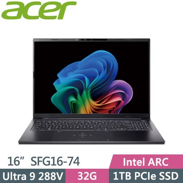 Acer Swift GO SFG16-74-91FX黑(Ultra 9 288V/32G/1TB SSD/16吋OLED/W11)AI效能筆電