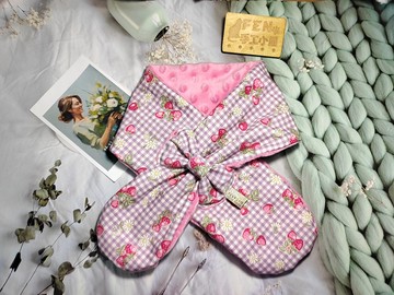 日本設計師棉布淺紫色格紋草莓蝴蝶結圍脖-不分年齡圍脖-短圍巾-