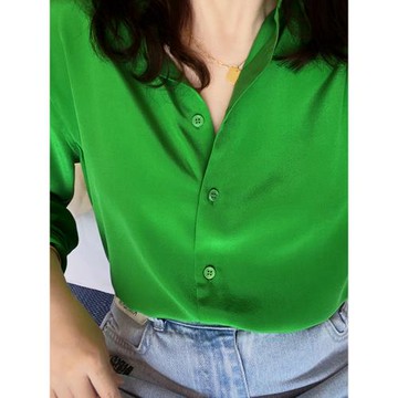 法式經典優雅通勤直筒顯白天花板綠色純色砂洗桑蠶絲真絲長袖襯衫