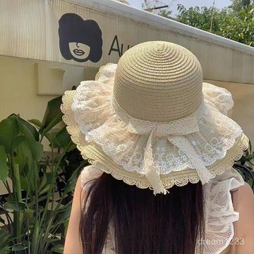 海邊度假🌟 夏季海邊沙灘戶外草帽帽簷蕾絲太陽帽蝴蝶結遮陽防曬遮陽帽紫外綫沙灘帽 防曬帽