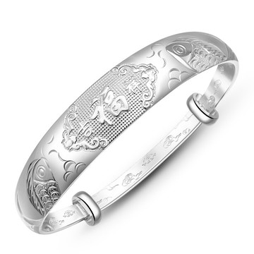 銀意坊老人龍鳳吉祥銀手鐲女純銀9999媽媽款銀鐲子手環送長輩銀飾