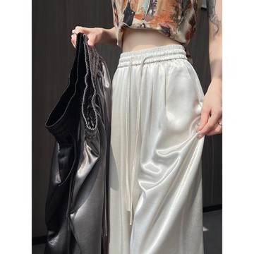醋酸緞面闊腿褲女夏季薄款高腰顯瘦慵懶風寬松休閑垂感直筒拖地褲