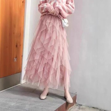 不規則網紗半身裙春夏秋百搭通勤高腰顯瘦松緊腰A字中長款裙子女