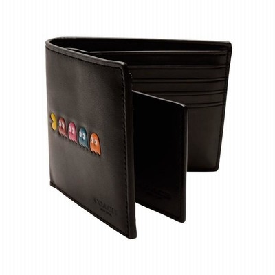 COACH 黒のエンボス加工 二つ折り財布 パスケース付き コーチ 財布 COACH 財布 パックマン パスケース付 メンズ 二
