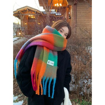 高顏值彩虹圍巾女冬季馬海毛格子仿羊絨加厚保暖披肩兩用學生圍脖