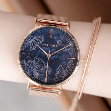 MARIGOLD幸福到來手繪金盞花浮雕金屬米蘭鍊帶手錶【WMD0558】-絲花面