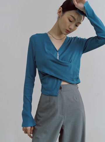 V領交叉收腰坑條長袖上衣