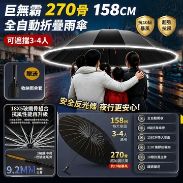 🐰歡喜兔🐰 270骨158CM特大號雨傘 黑膠傘 遮陽傘 防曬雨傘 反向自動傘 自動摺疊傘 暴雨專用晴雨傘 防風加固加厚