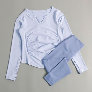 健身服套裝瑜伽服長袖上衣女寬松透氣瑜伽t恤罩衫V領速干跑步運動