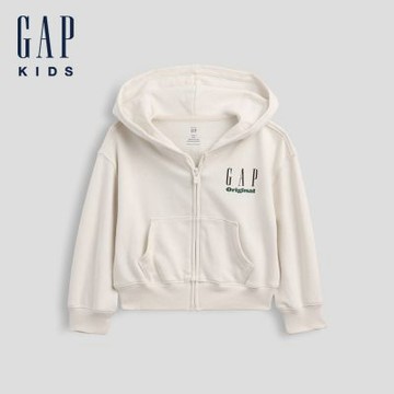 【GAP】嬰兒及幼兒VintageSoft毛圈布Gap Logo拉鍊連帽運動外套-白色(911621)
