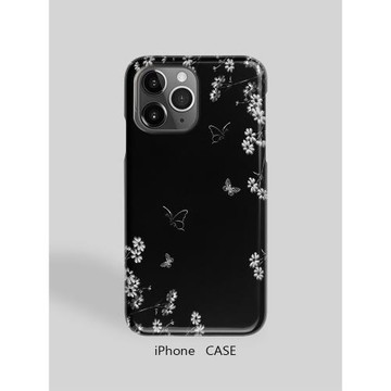 黑色花卉蝴蝶適用于iPhone16ProMax輕薄15適用于14蘋果13手機殼12不掉色11環保可水洗硬殼磨砂散熱半包保護殼