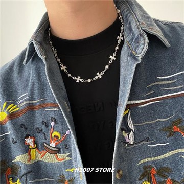 美式嘻哈風克克十字花男款項鏈女小眾設計鎖骨鏈高級感毛衣鏈配飾