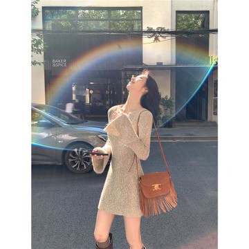 MULVAN 性感v領針織連衣裙女秋冬修身內搭收腰打底包臀短裙