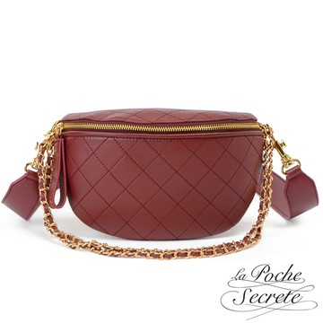 La Poche Secrete 簡約真皮菱格鍊條斜背胸腰包-魅力紅