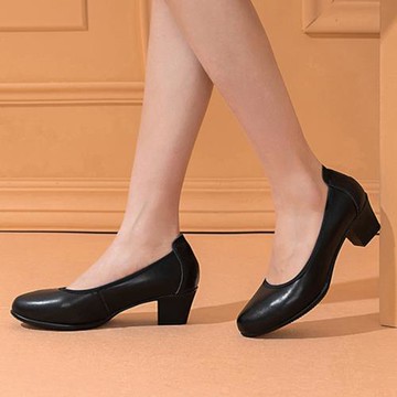 尋枝職業上班鞋軟底舒適中跟圓頭工作鞋女黑色真皮防滑酒店工裝鞋