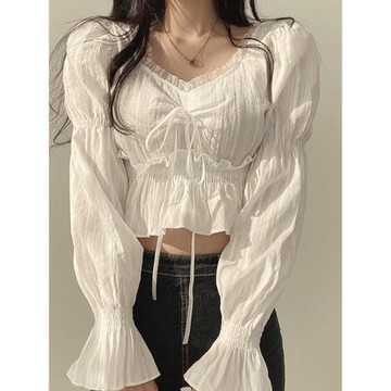 法式小眾方領蕾絲襯衫女春夏薄款韓國chic甜美荷葉邊顯瘦別致上衣