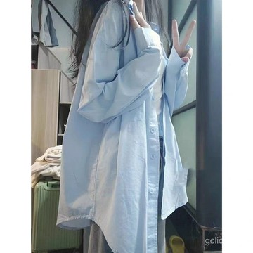 法式襯衣 薄款外套 防曬襯衫 疊穿襯衣 中長款襯衫 寬鬆襯衫 外穿襯衫 上衣外套 襯衫 襯衫外套 藍色襯衫 純色襯衫