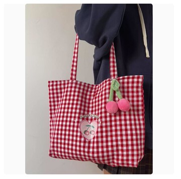 夏天百搭包包可愛小清新櫻桃包包紅色格子帆布包女學生單肩包【繁星小鎮】