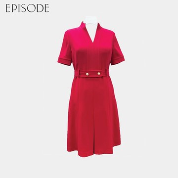 EPISODE - 氣質修身V領腰帶設計短袖雪紡洋裝142702（紅）