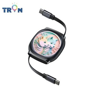 TRON 100W Type-C 伸縮快充線 1M 鈦黑色 紙雕貓狗鼠動物-2 4檔長度調整 可充筆電 適用i15以上手機 平板