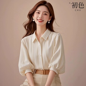 初色 輕奢減齡撞色條紋拼接單排扣翻領五分袖燈籠袖襯衫上衣女上衣-杏色-11347(M-2XL可選)