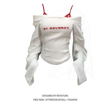 大碼胖MM美式辣妹一字肩長袖襯衫女秋季新款格子抹胸內搭疊穿上衣