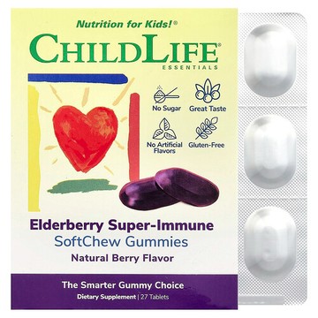 ChildLife Essentials, 兒童，接骨木果優效機體抵抗軟咀嚼片，天然漿果，27 片