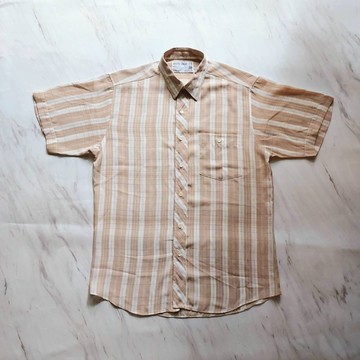 格蘭品牌 奶茶條紋短袖古董花襯衫/夏威夷花襯衫