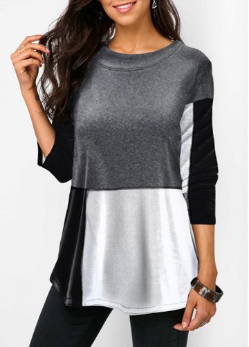 Three Quarter Sleeve Patchwork Round Neck Tunic T Shirt