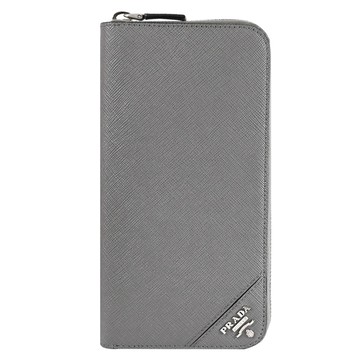 PRADA 2ML317 金屬浮雕LOGO防刮皮革ㄇ字拉鍊長夾.灰/咖