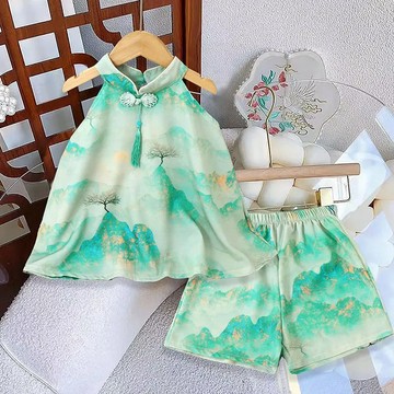 女童夏裝洋氣夏日新款女寶寶復古吊帶短褲清爽套裝 兒童套裝 短袖套裝 運動套裝 女童休閒兩件套 夏天衣服