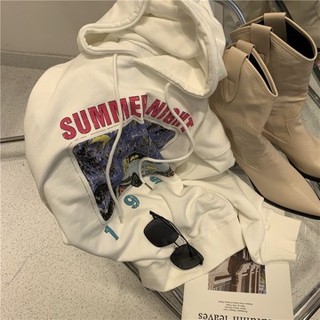 品牌折扣~專柜撤回女裝 連帽衛衣女秋季薄款字母星空印花寬松套頭