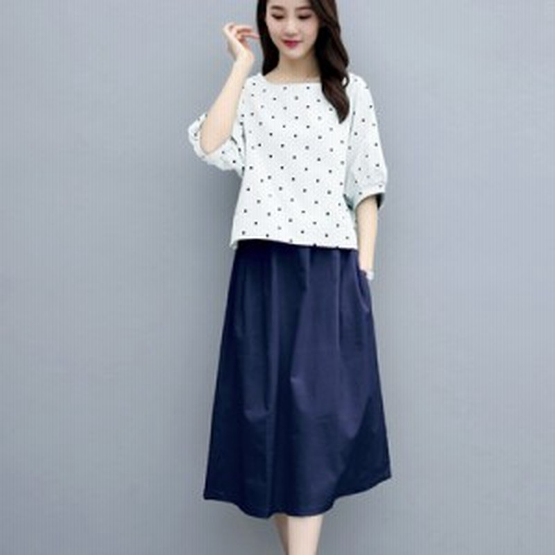 ツーピース レディース セットアップ カジュアル ドット柄 トップス セットアップ レディース 夏 ミモレ丈 スカート 夏 レディース トッ 通販 Lineポイント最大1 0 Get Lineショッピング