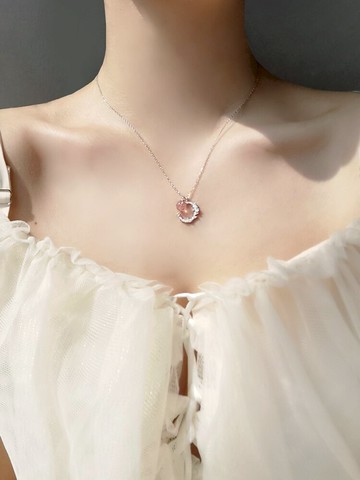小麋人925創意清新不規則碎石月亮草莓水晶粉色純銀項鏈鎖骨鏈女