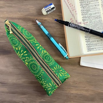 【煙火】榻榻米邊帶 四面錐形筆袋 綠色 夏日祭典