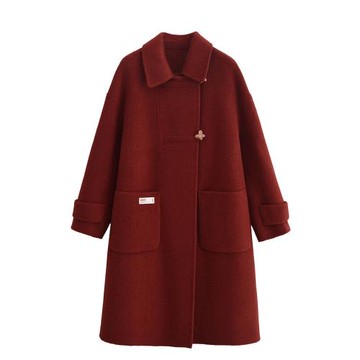 安紅色雙面羊絨大衣女2025年新款秋冬季設計感中長款羊毛呢子外套