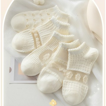 love, charlotte - 奶油白花蕊玻璃絲船型棉襪 (XXL (腳長22~24cm))-5 雙一組