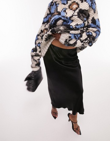 Topshop satin bias midi skirt in black