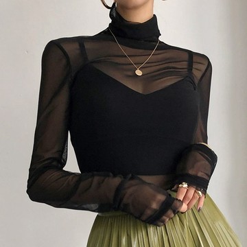 HK 韓國chic復古洋氣減齡透視雪紡長袖網紗T恤女高領打底衫內搭上衣 防曬 網紗 透膚上衣 顯瘦 透視 打底衫