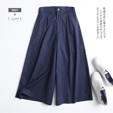 日單2024夏季新款 寬松舒適透氣棉麻闊腿褲松緊高腰亞麻七分褲女