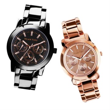 Relax Time  (R0800-16-10X+R0800-16-33) 玫瑰金X黑鋼 三眼腕錶 對錶系列42+38mm｜情人對錶｜樂天領券現折★全館特惠中★指定刷卡回饋10%